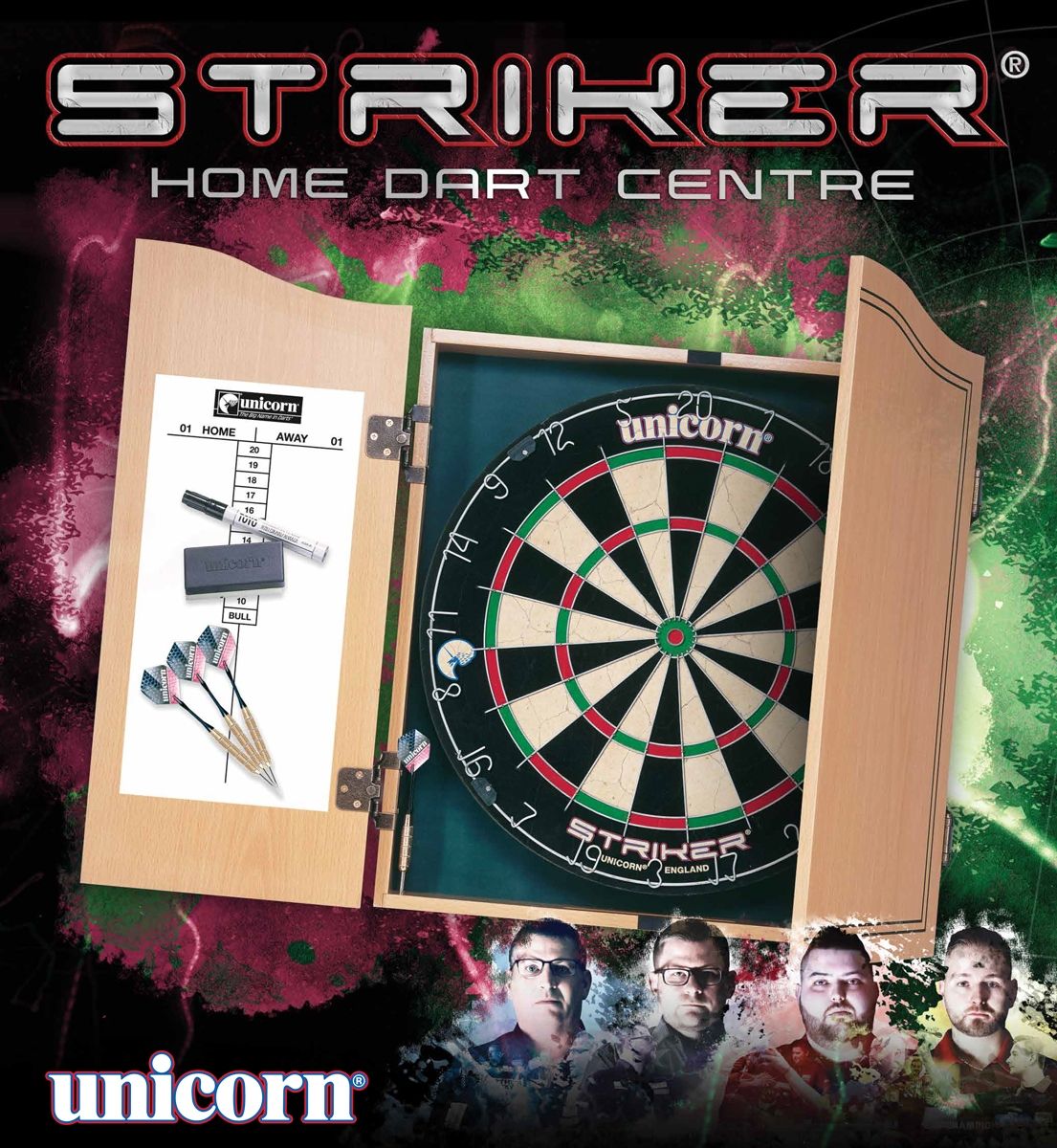 Unicorn Striker Home Darts Centre with Bristle Dartboard and Cabinet